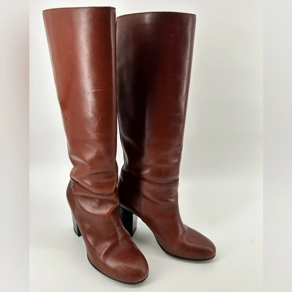 Chanel brown leather camel caramel heeled boots pull on 38.5 with dustbags only